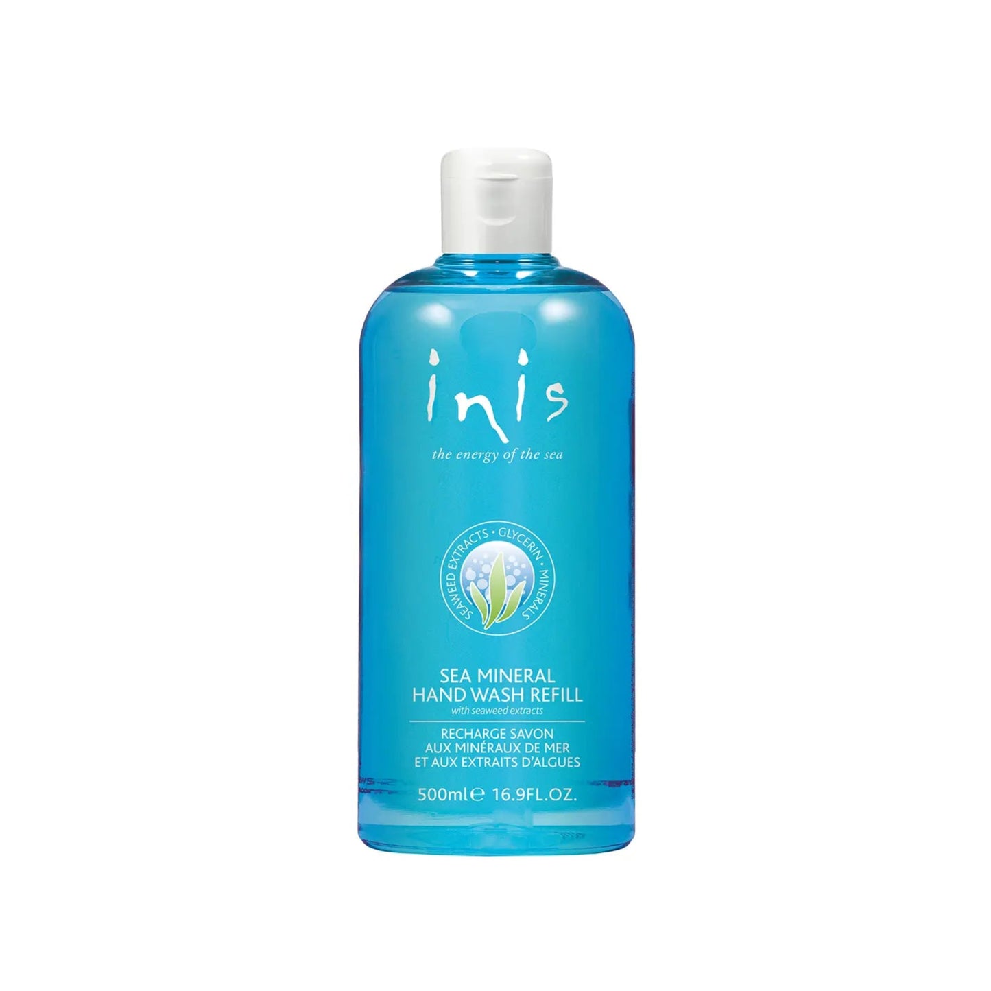 A large blue bottle of Inis sea mineral hand wash with a white cap and white text.