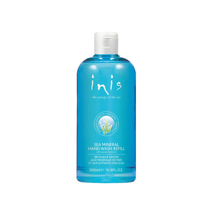 A large blue bottle of Inis sea mineral hand wash with a white cap and white text.