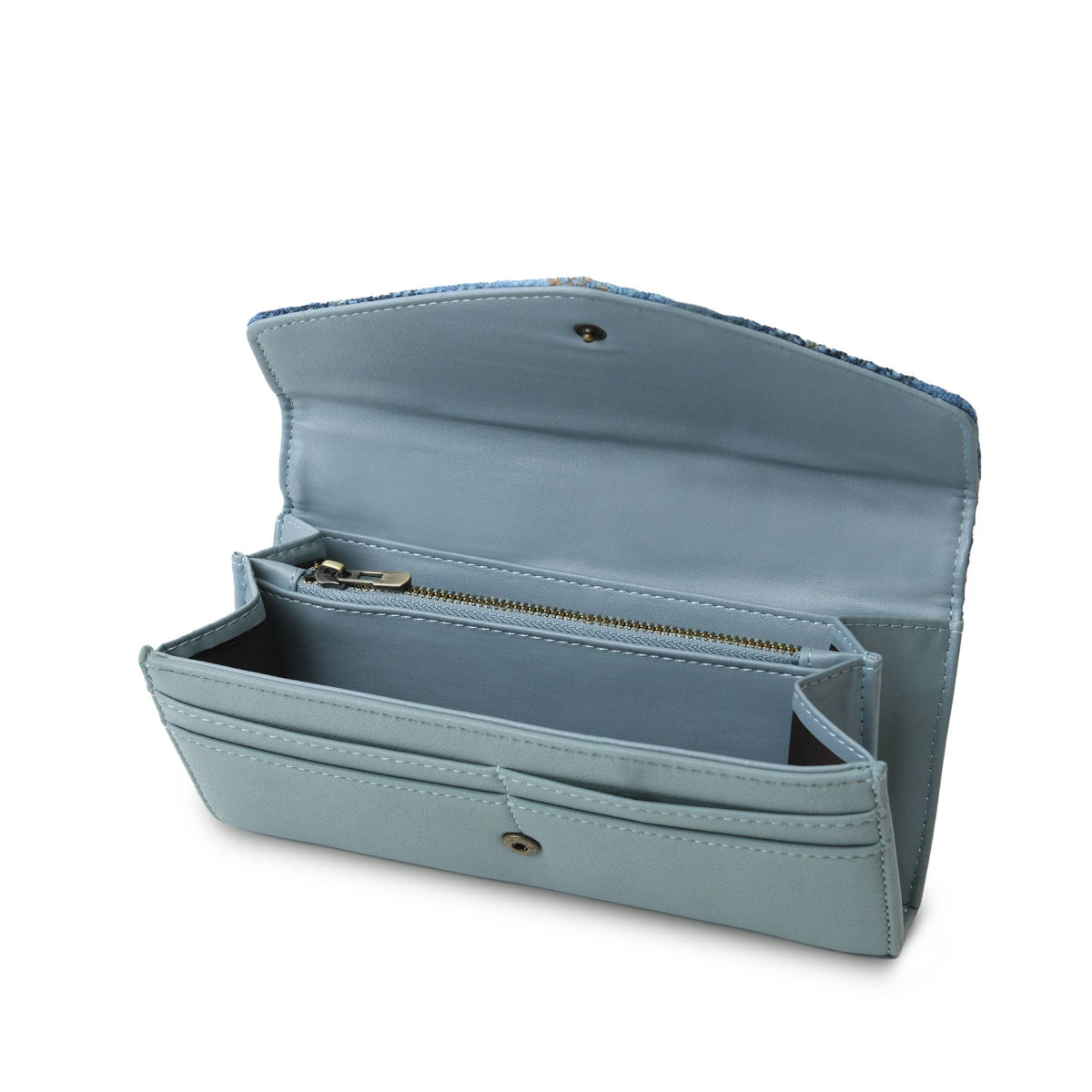 Blue interior of large clasp purse
