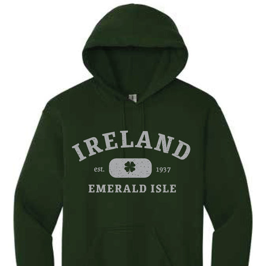 Green hoodie with 'IRELAND EMERALD ISLE' text and a four-leaf clover symbol on the front.