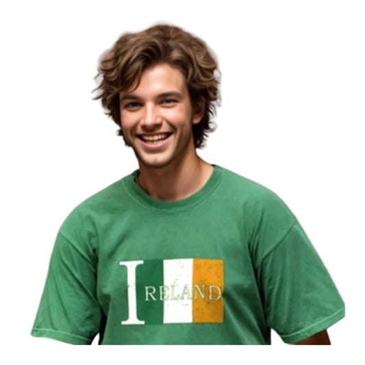 A person wearing a green t-shirt with the text 'IRELAND' and the Irish flag on it.