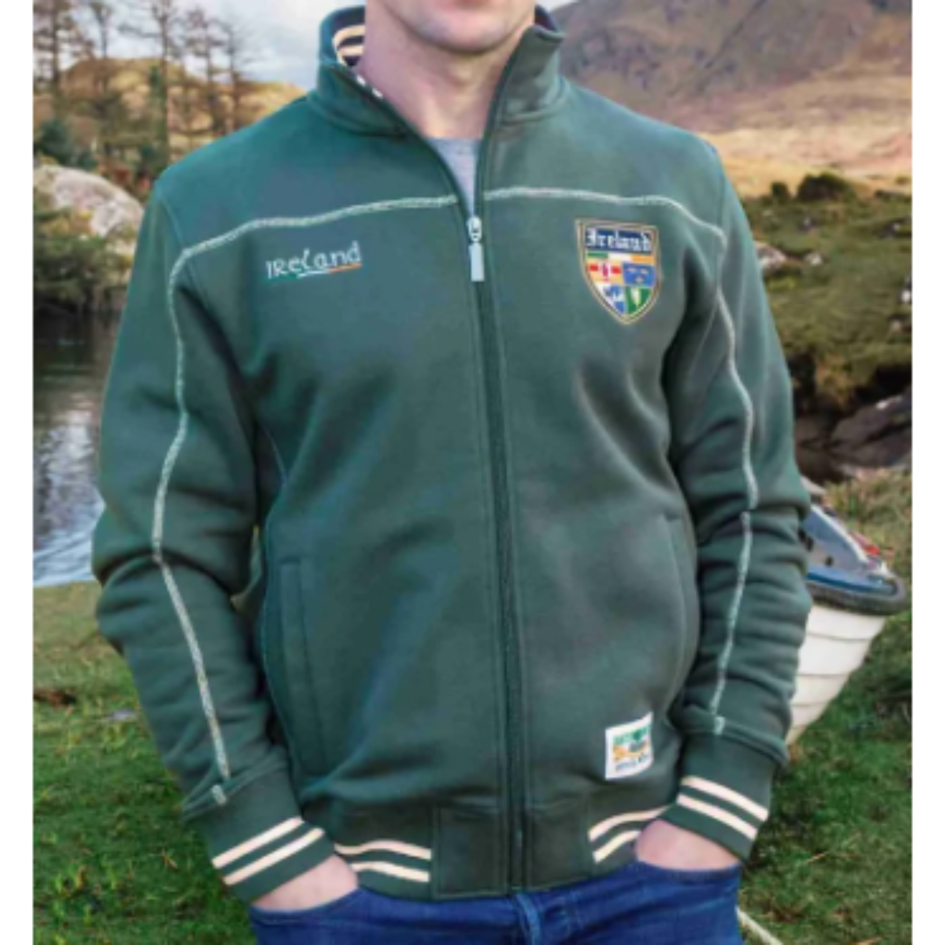 Man wearing a green jacket with 'Retro Irish Heritage Collection' branding outdoors.