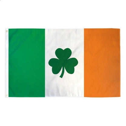 Irish flag with a clover in the center. 