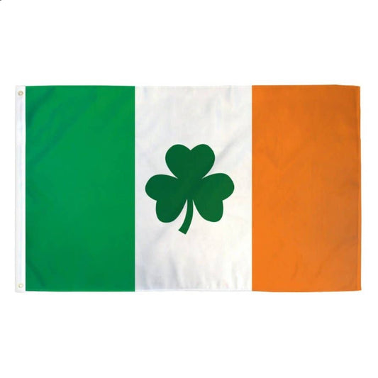 Irish flag with a clover in the center. 