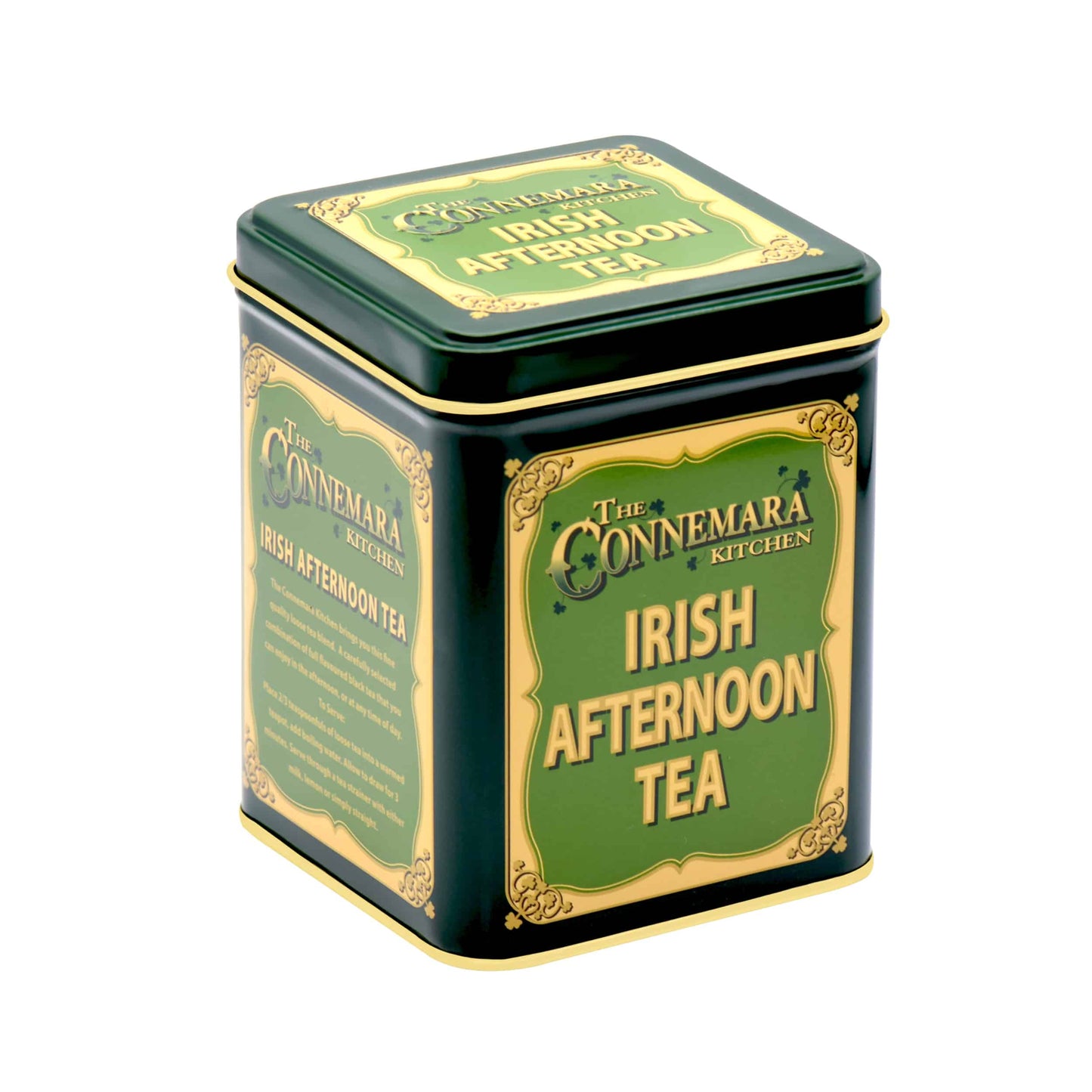 Green and gold tin of Irish Afternoon Tea from The Connemara Kitchen on a white background
