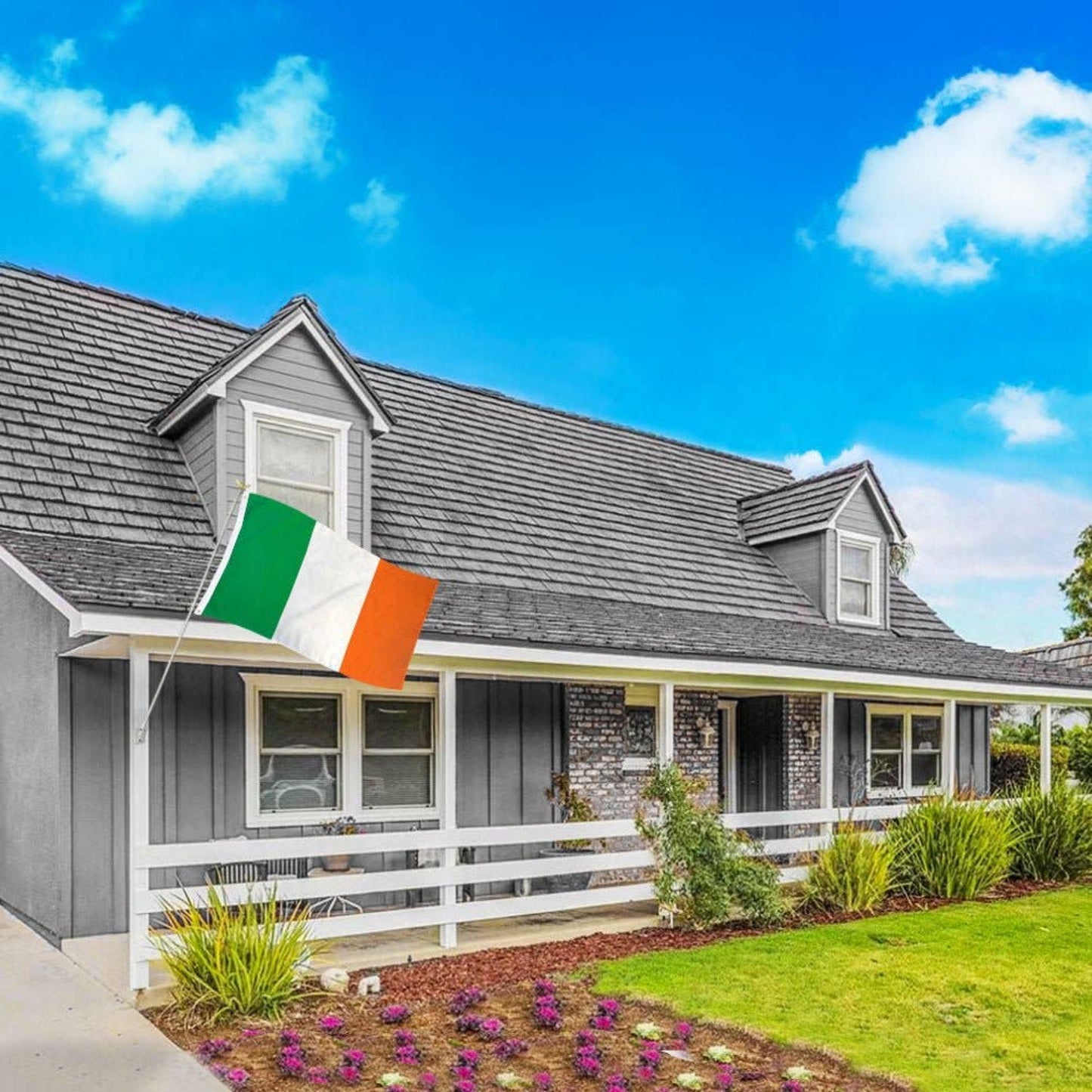 House flying an Irish flag. 