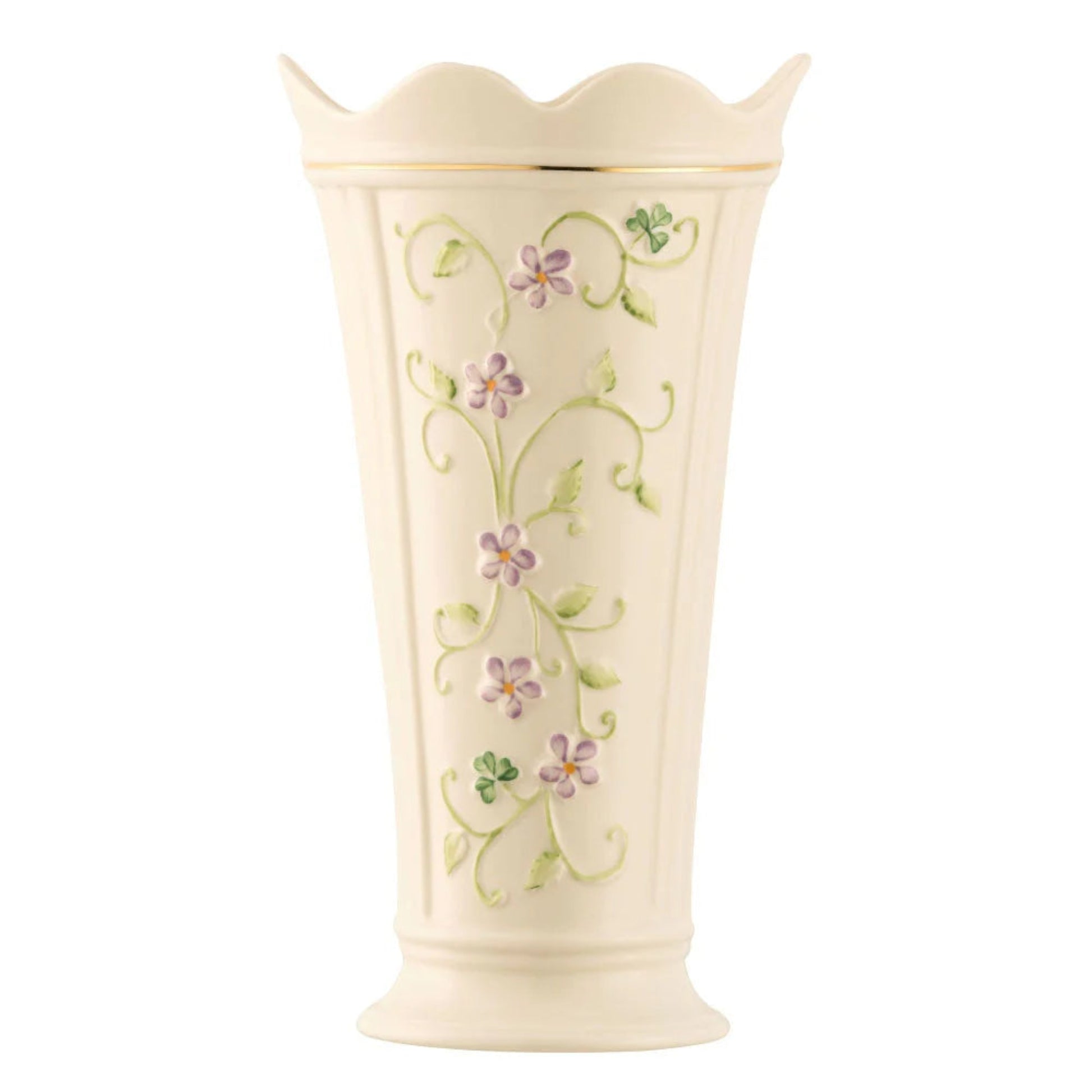 Cream-colored vase with floral designs on a white background