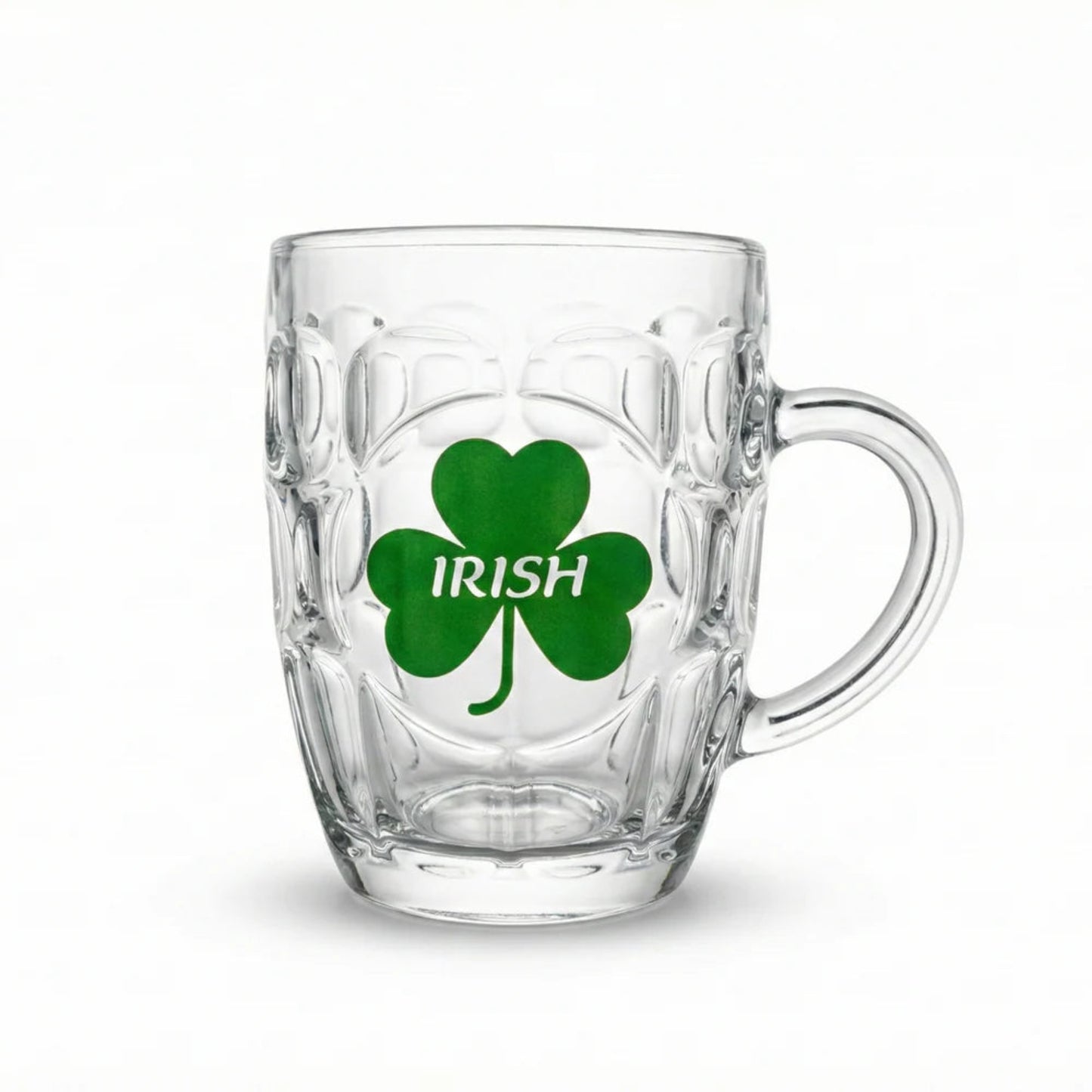 Clear glass mug with a green shamrock and 'Irish' text on a white background