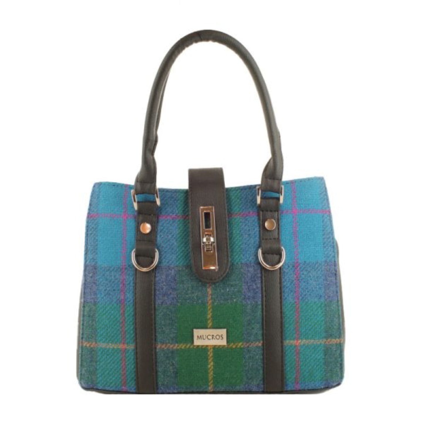 Blue and green plaid handbag with black straps on a white background