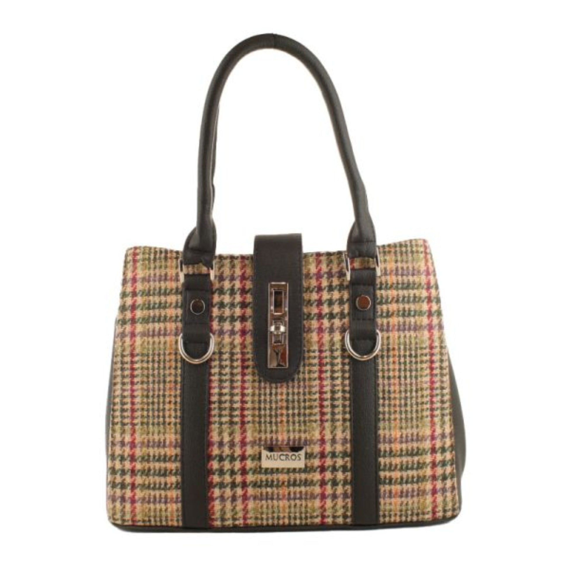 Plaid handbag with black straps on a white background