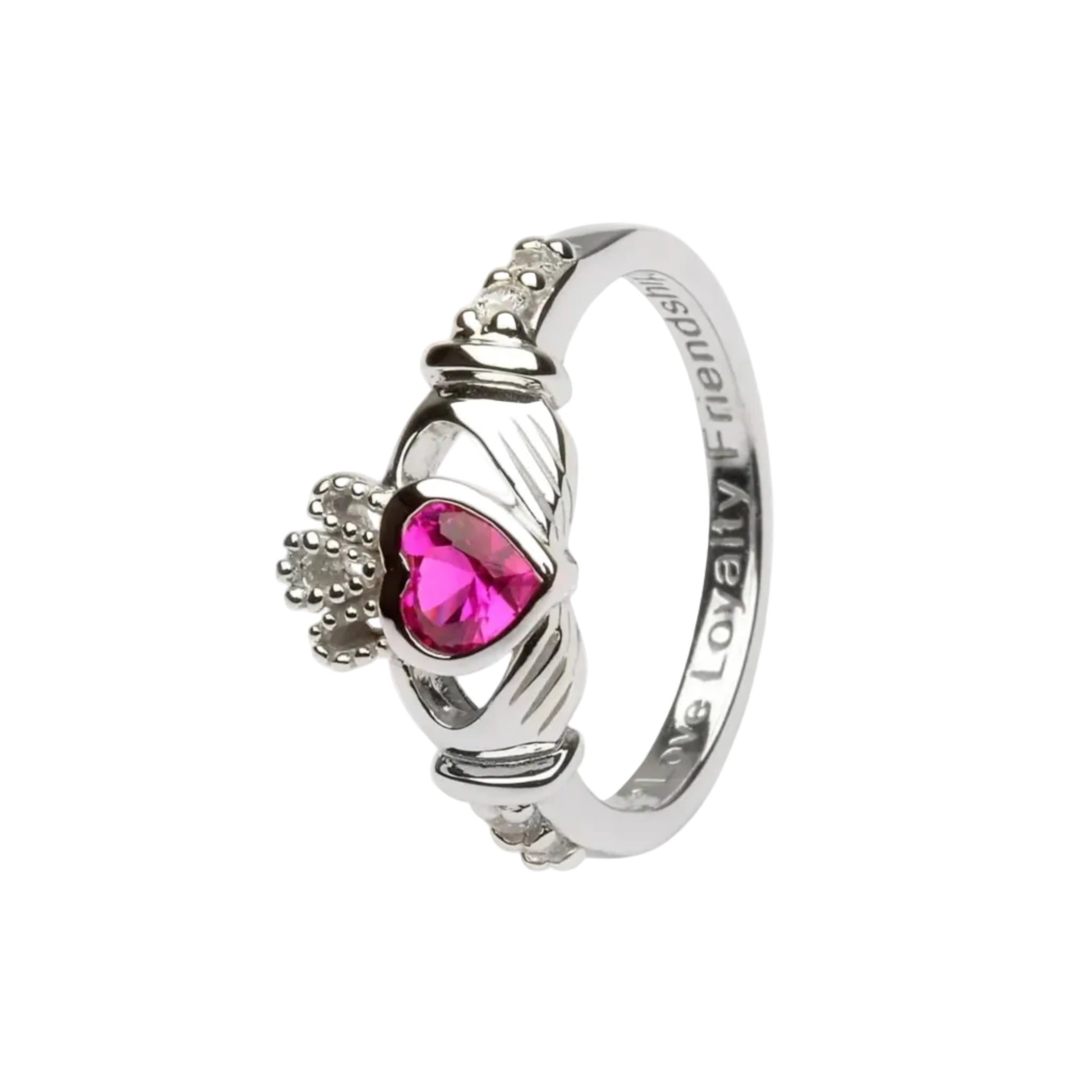 A Claddagh birthstone ring with a heart-shaped red gemstone in the center, flanked by two silver hands on the sides, and a beaded crown above the gemstone. The ring is made of sterling silver and has 'IRISH' written on the interior.
