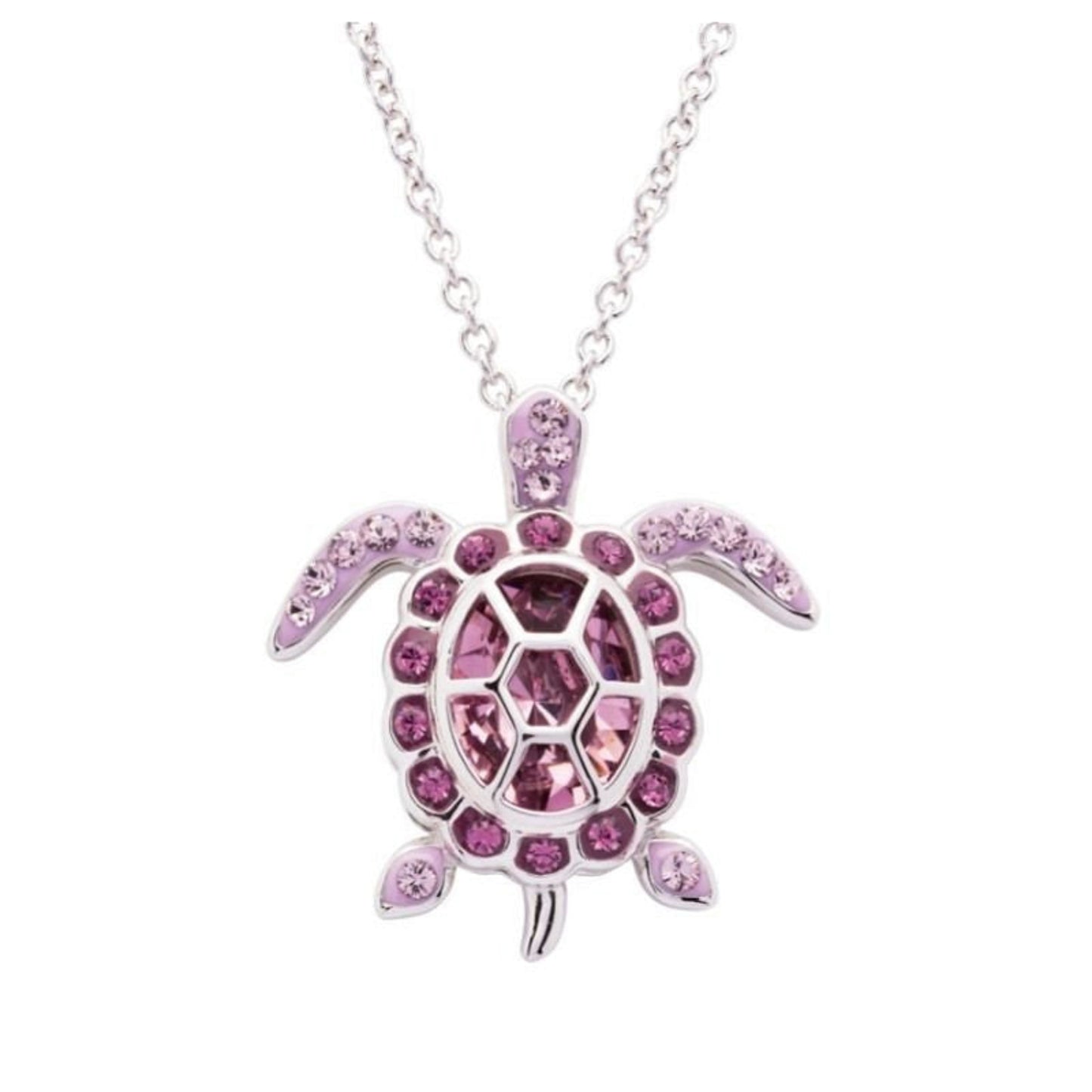 Pink turtle pendant necklace on a white background
