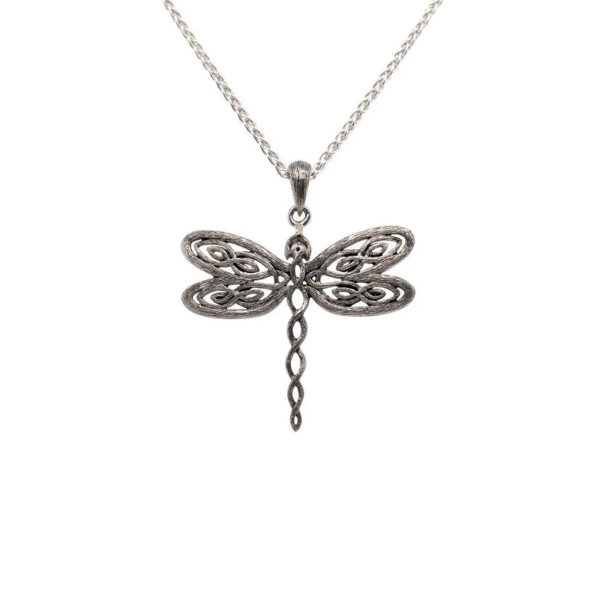 Dragonfly pendant made of silver celtic knotwork. Hanging from a sterling silver chain.