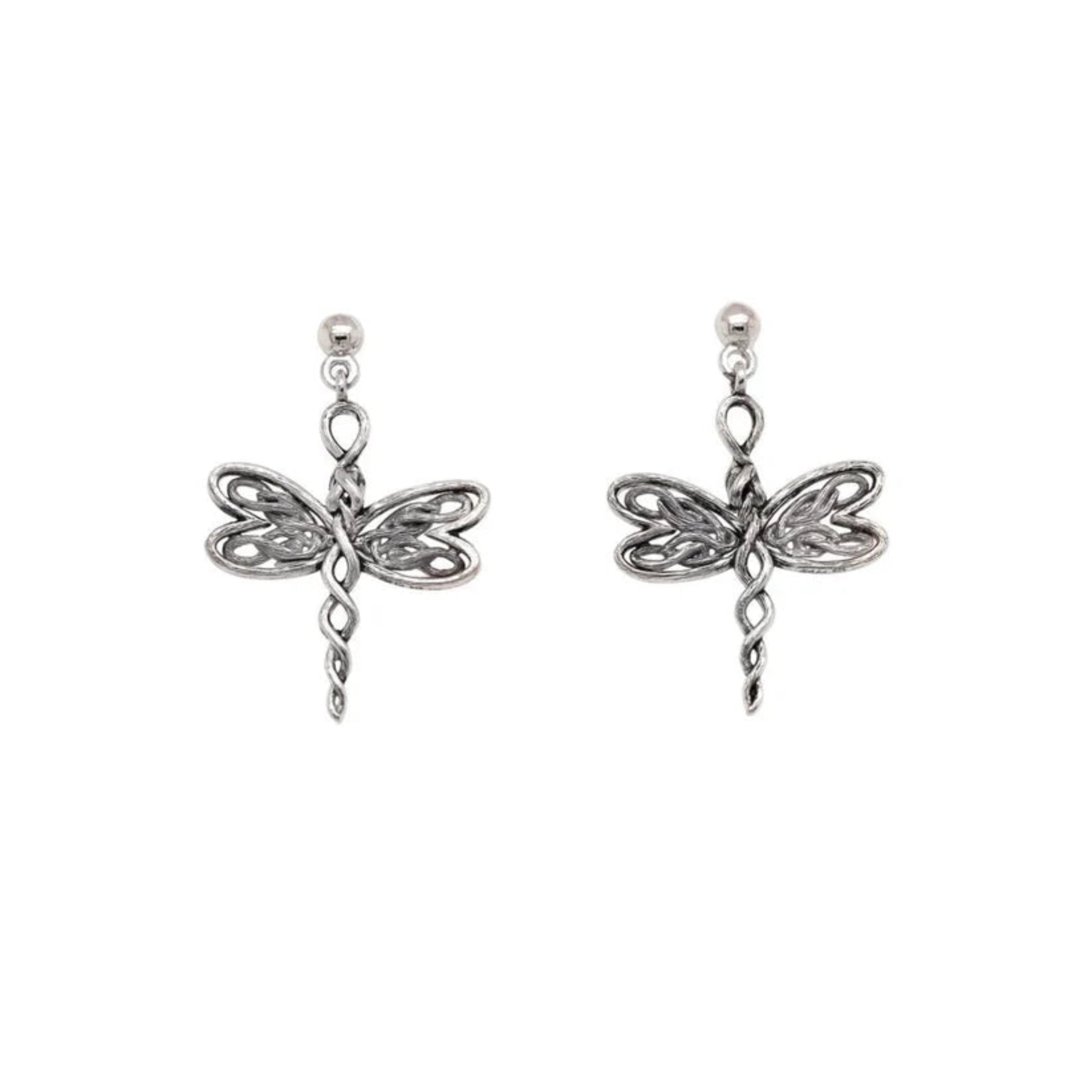 A pair of celtic knotwork silver dragonfly post earrings