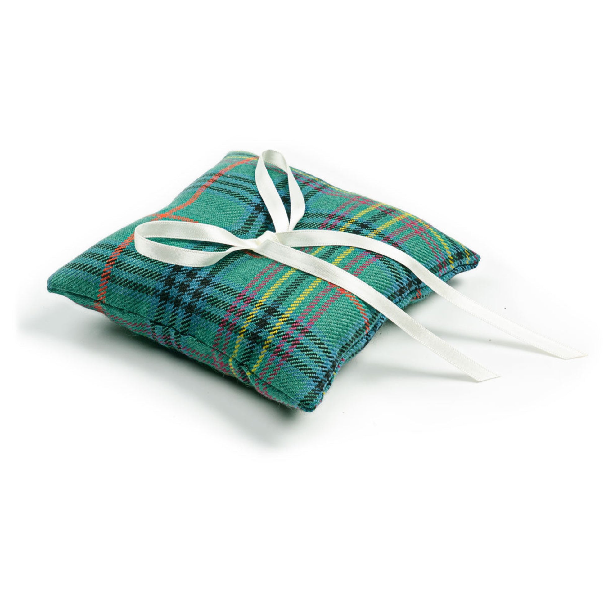 A small square pillow sham in a green tartan plaid pattern with a white satin ribbon tied in a bow, shown on a white background.