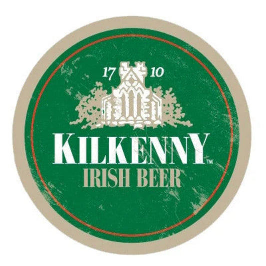 Kilkenny Irish Beer logo on a green and beige circular background