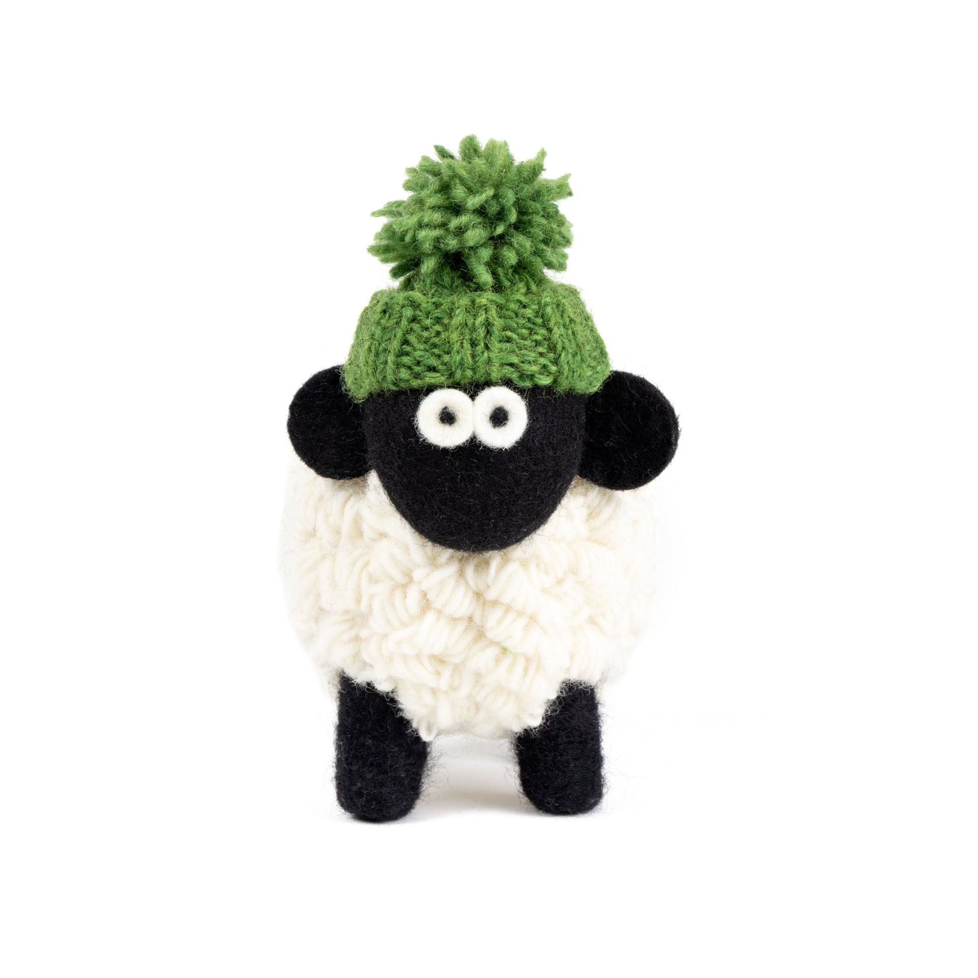 Felt and wool sheep with a knit green hat