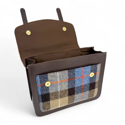 Brown leather bag with plaid pattern on a white background