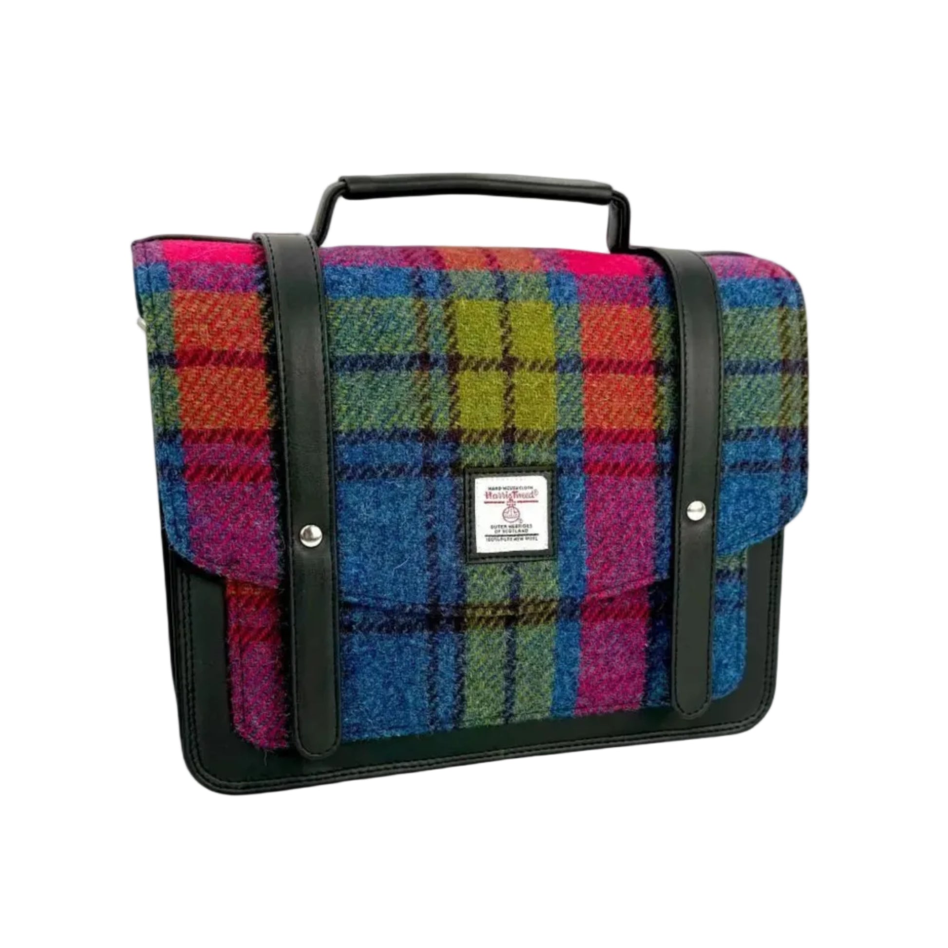 Multicolored plaid bag with black straps on a white background