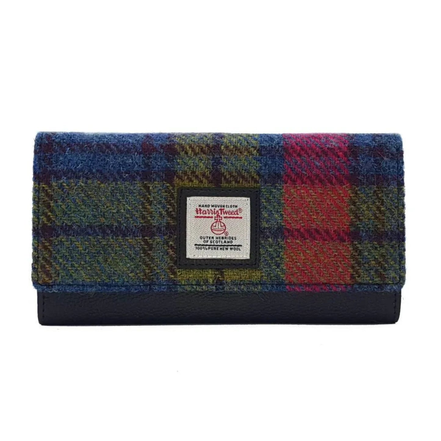Plaid wallet with a visible brand label on a white background