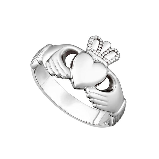 A thick-banded sterling silver Claddagh ring featuring a heart, hands, and a crown design.