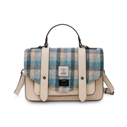 Plaid handbag with beige accents on a white background