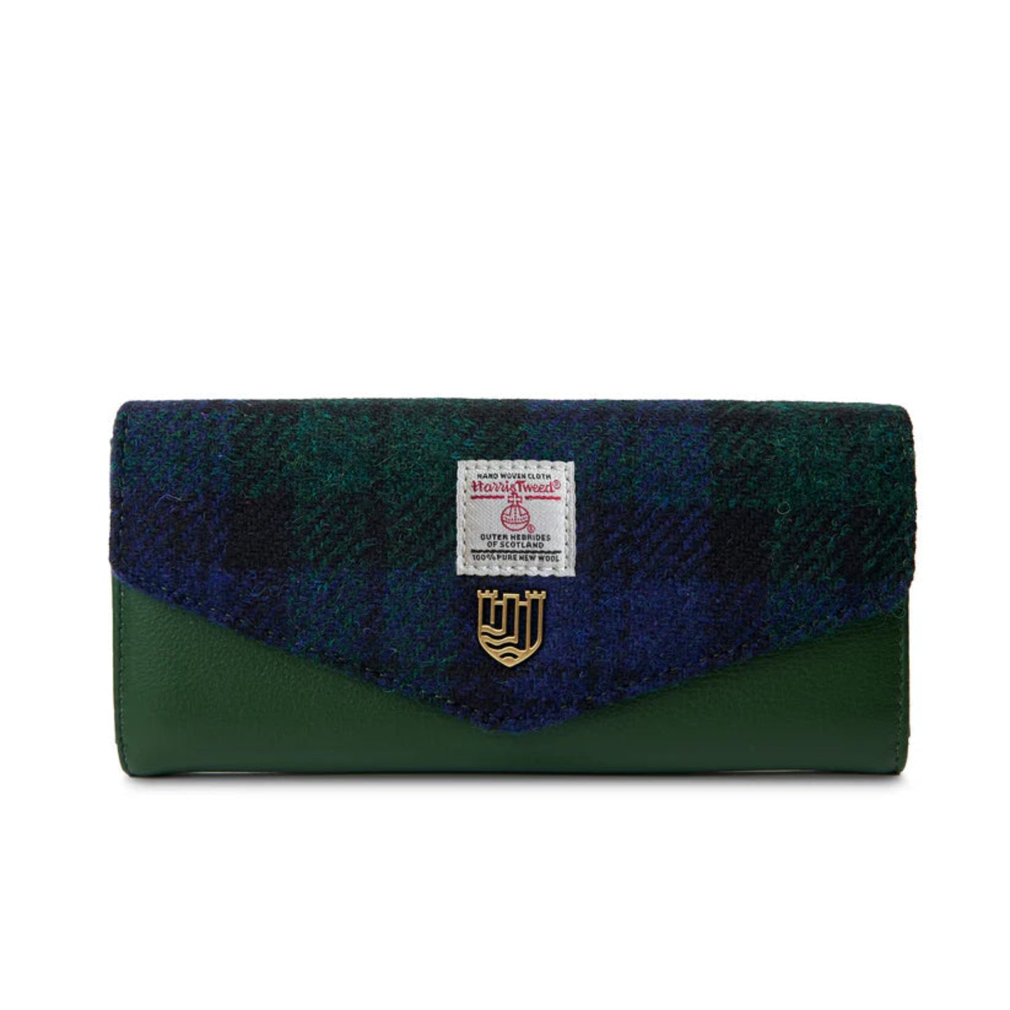 Green and blue plaid wallet with a brand label on a white background