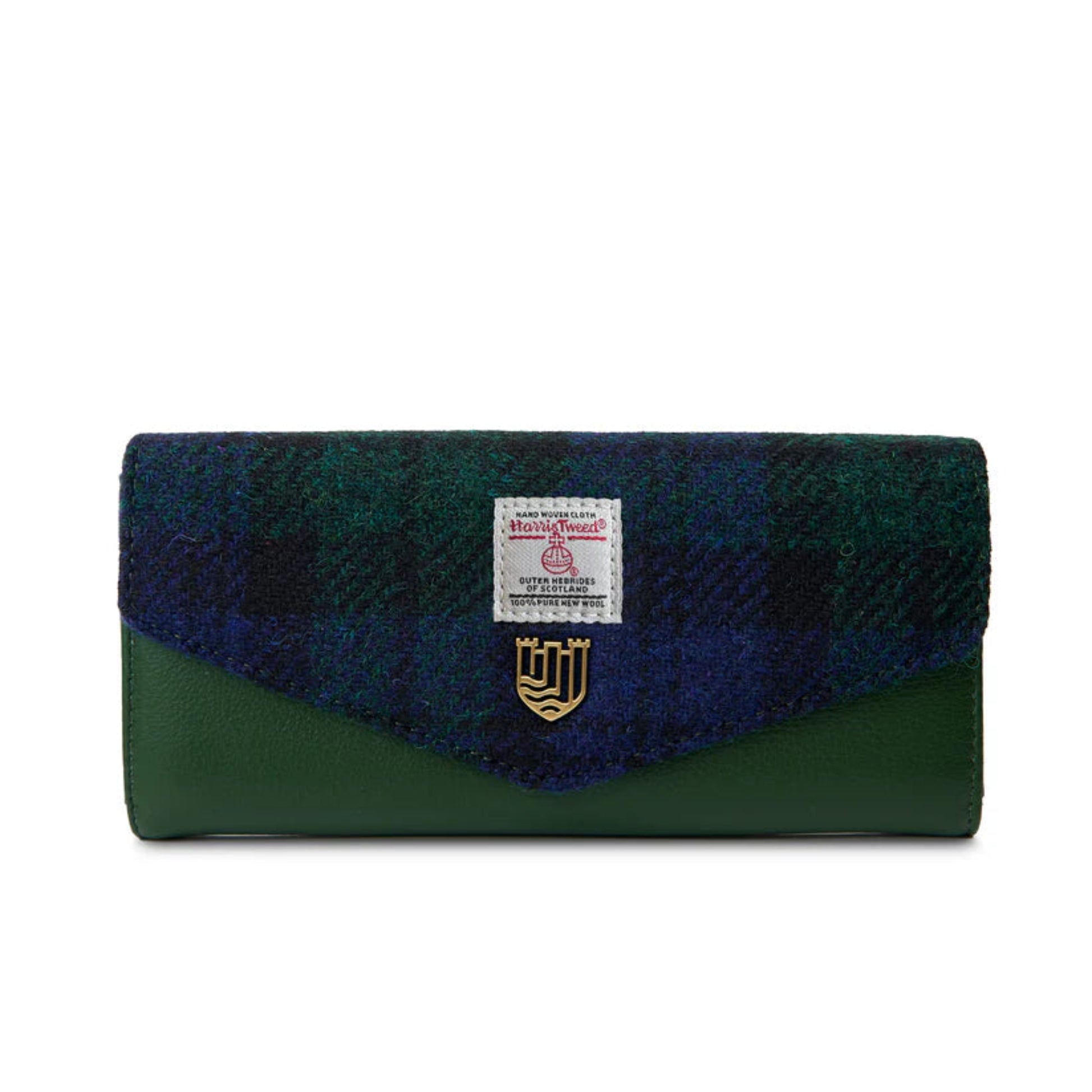 Green and blue plaid wallet with a brand label on a white background