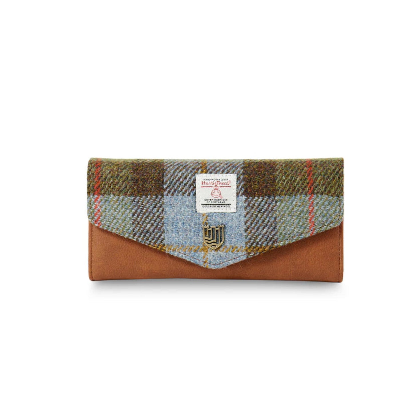Plaid wallet with brown leather flap on a white background