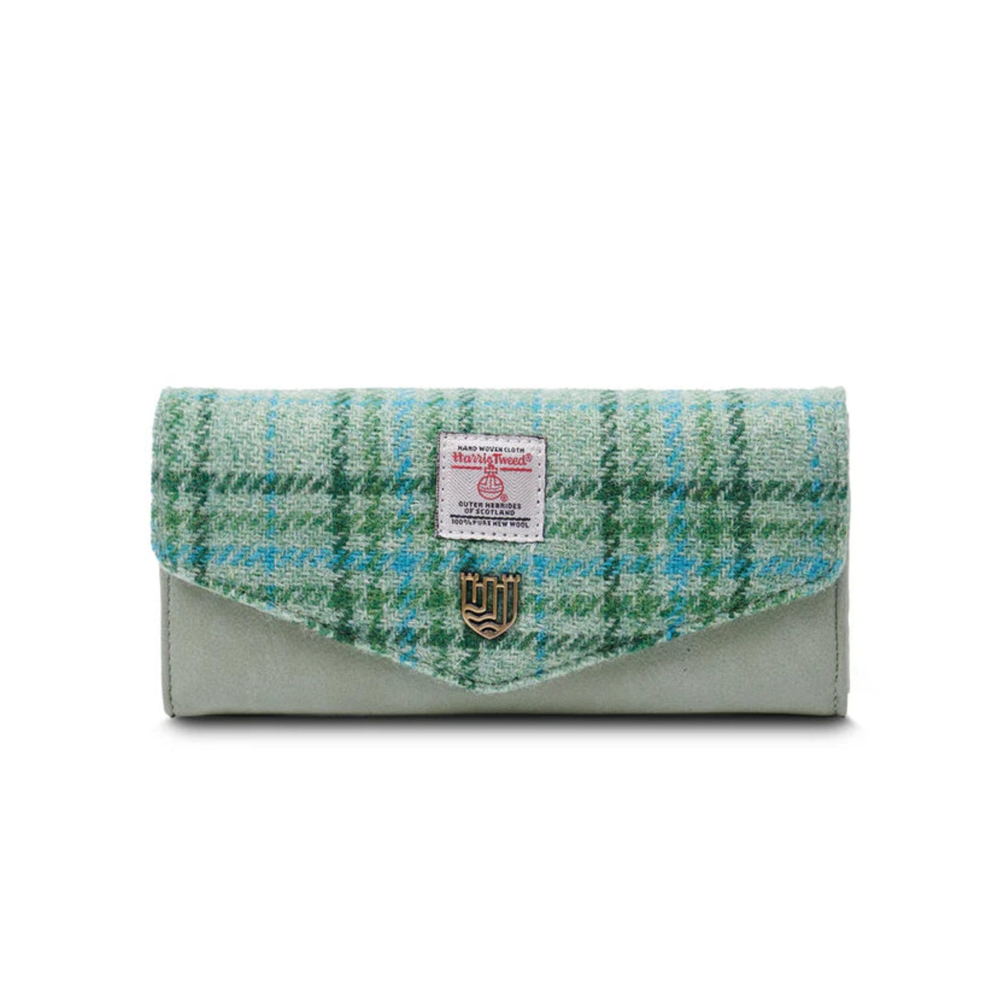 Woven clutch bag with green and blue plaid pattern on a white background