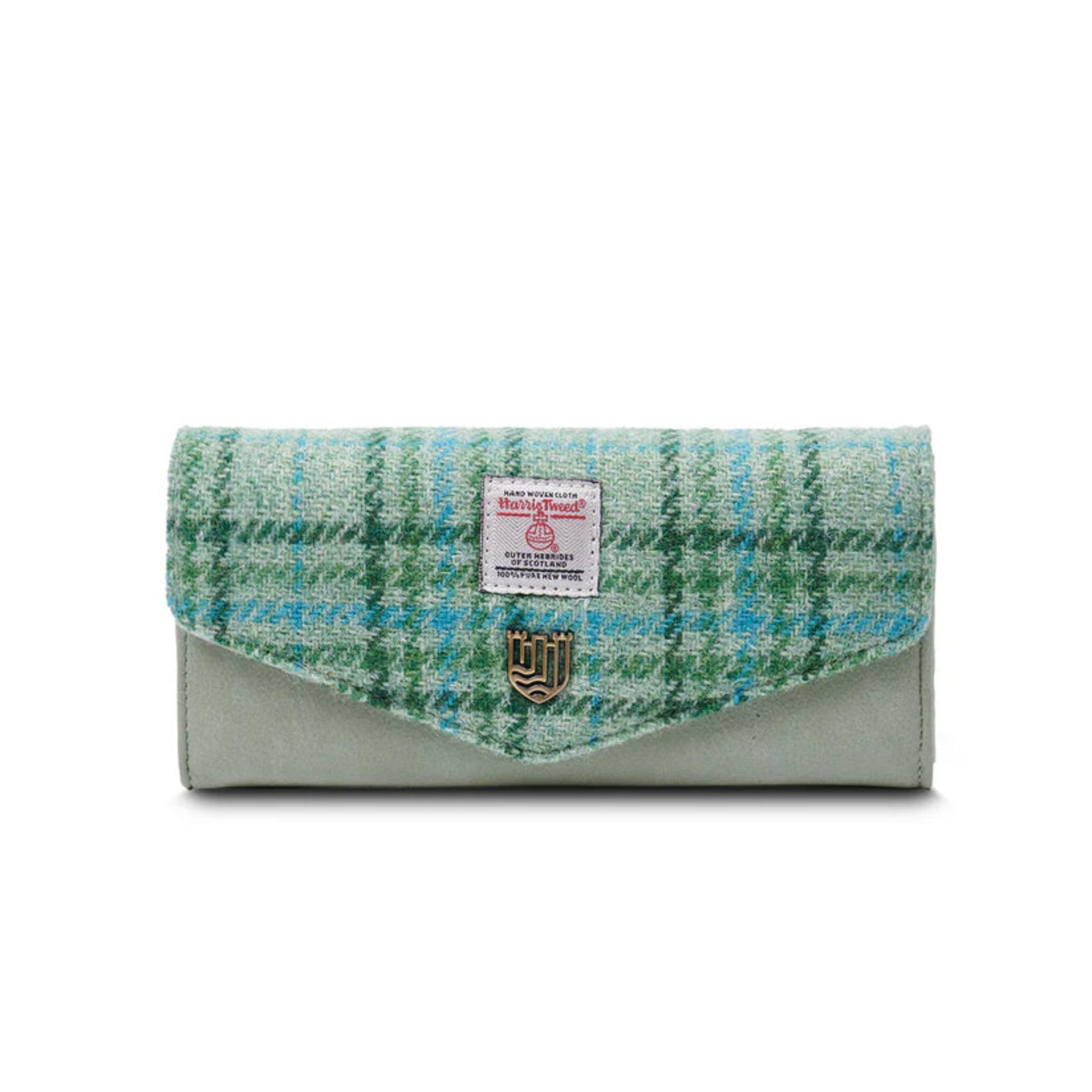 Woven clutch bag with green and blue plaid pattern on a white background