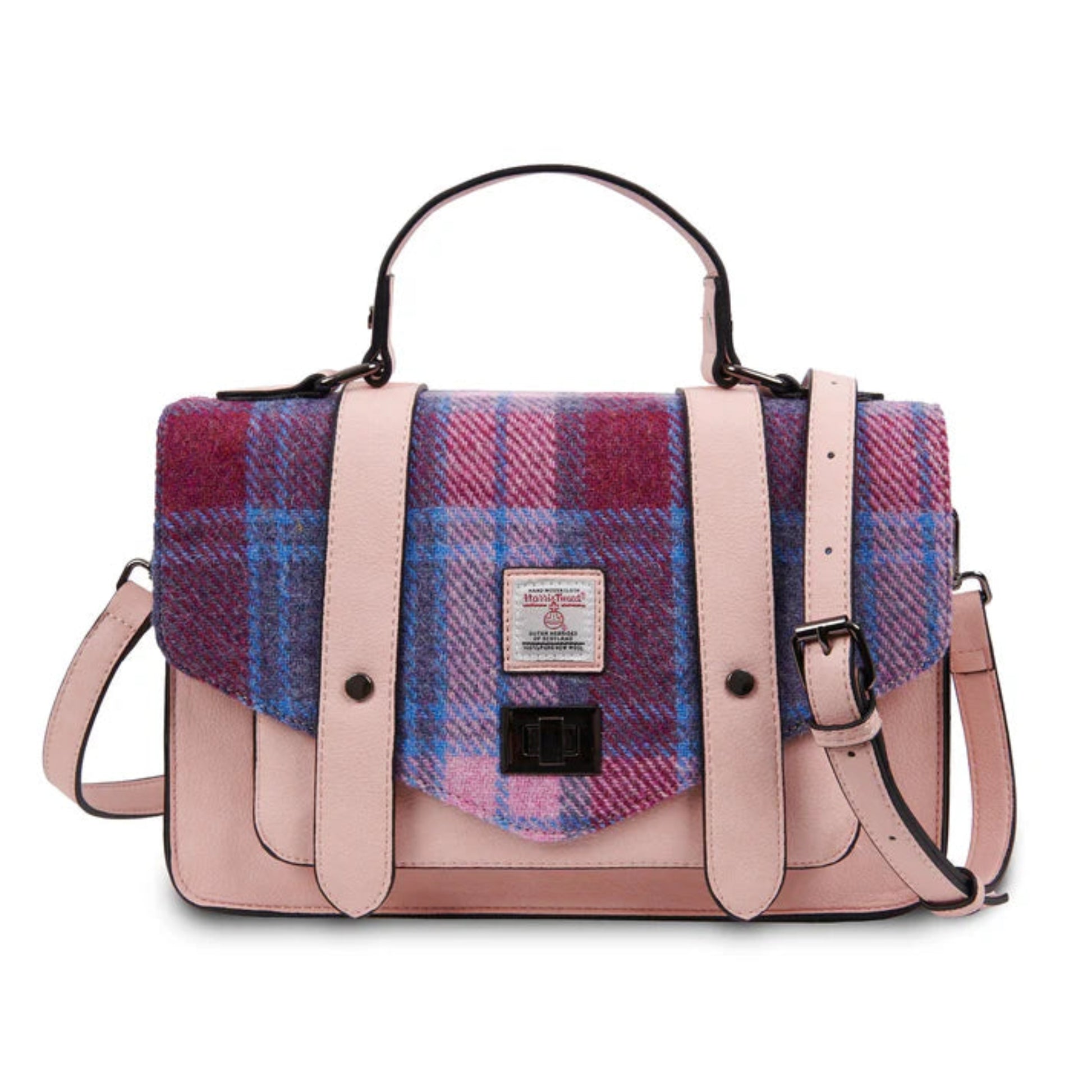 Plaid handbag with pink accents on a white background