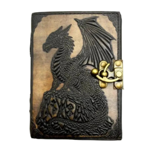 Leather-bound book with embossed dragon design and gold latch on cover
