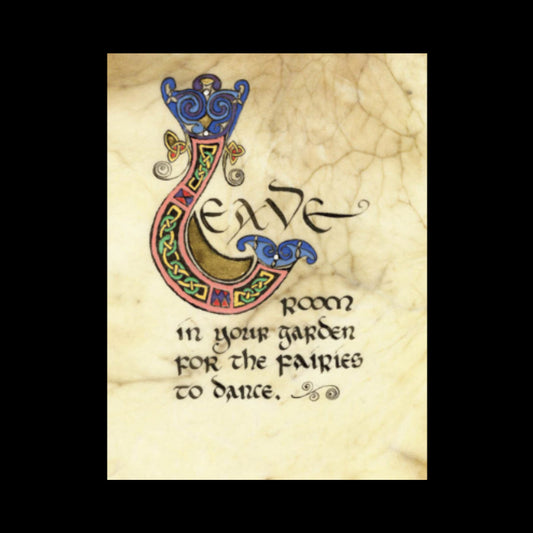 Decorative text with 'leave room in your garden for the fairies to dance' on a textured beige background
