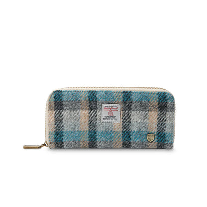 Plaid wallet with a visible brand label on a white background