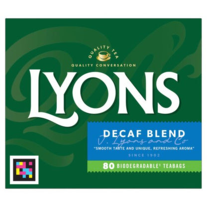 Box of Lyons Decaf Blend tea with green and blue design