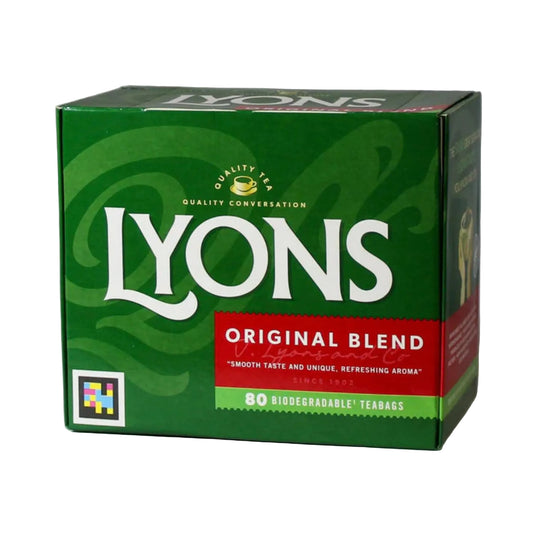 Box of Lyons Original Blend tea on a gray background