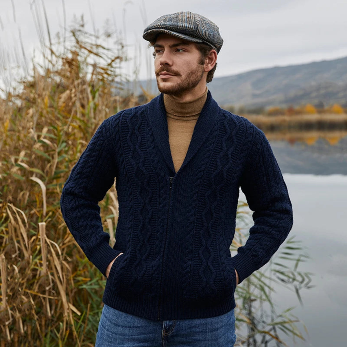 blue zip cardigan front view