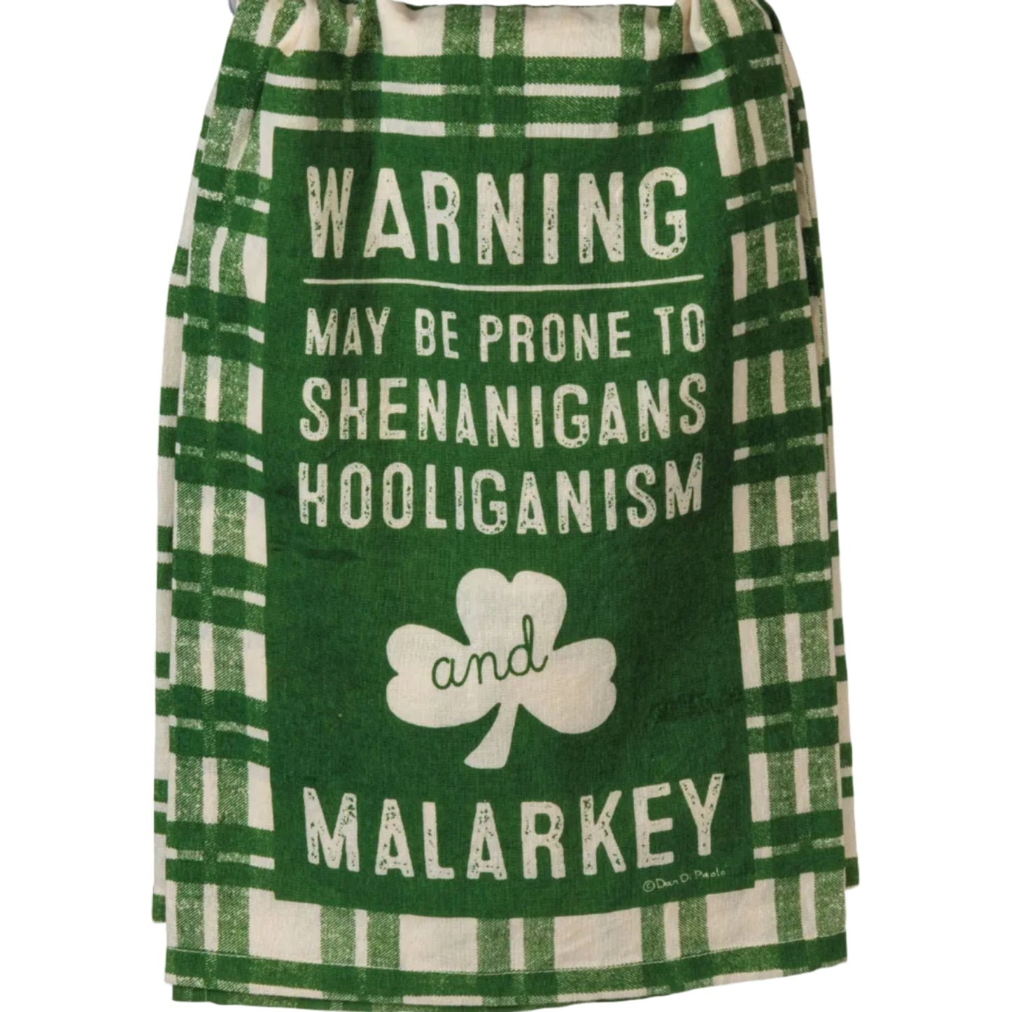 Green and white checkered towel with text and shamrock on a hanger