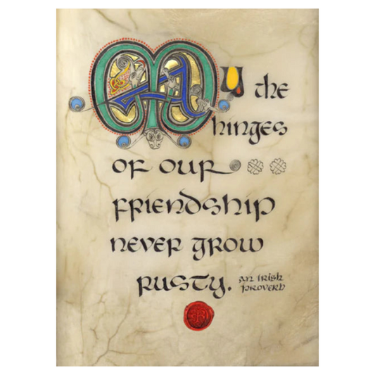 Decorative text with ornate lettering and a seal on a textured background