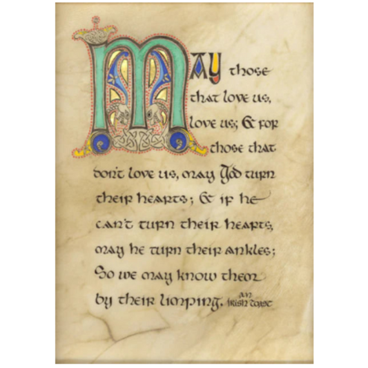 Decorative text with a large letter 'M' on an aged paper background