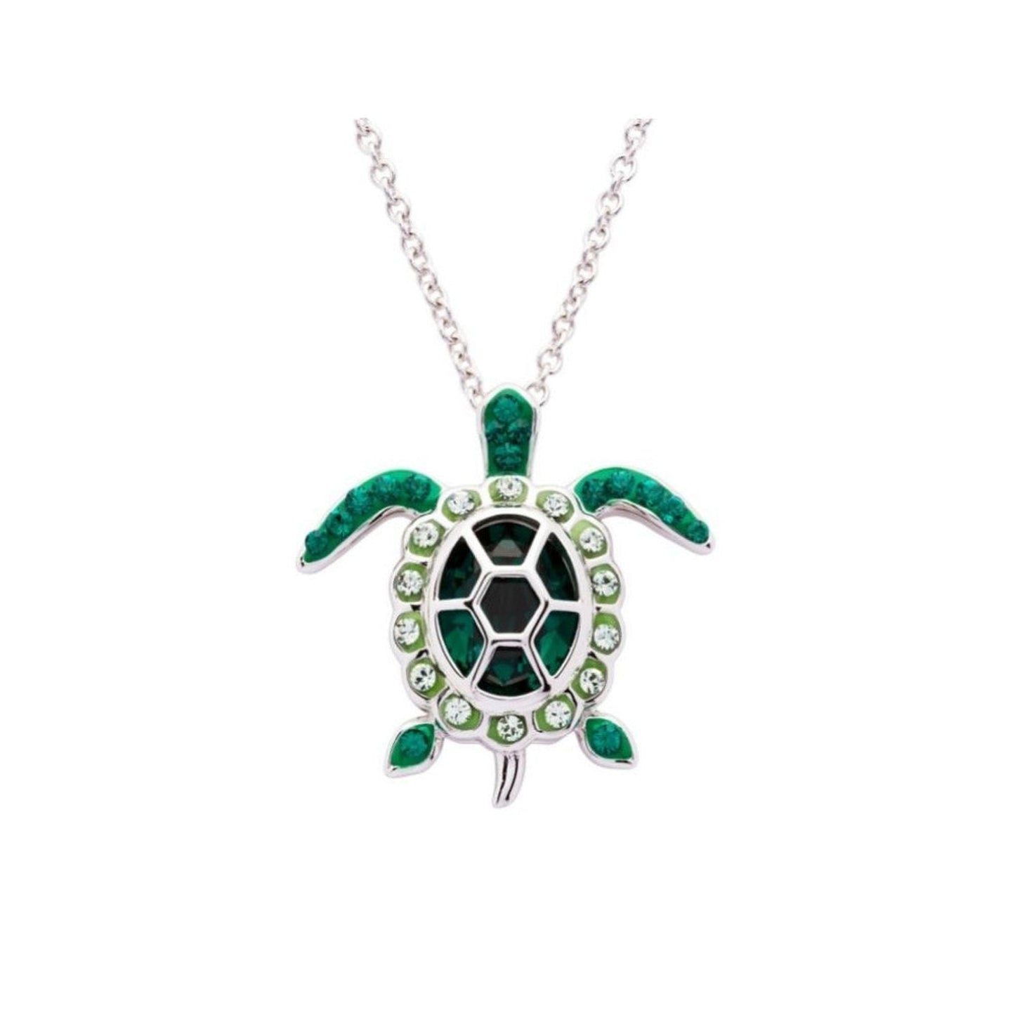 Turtle-shaped pendant necklace with green accents on a white background