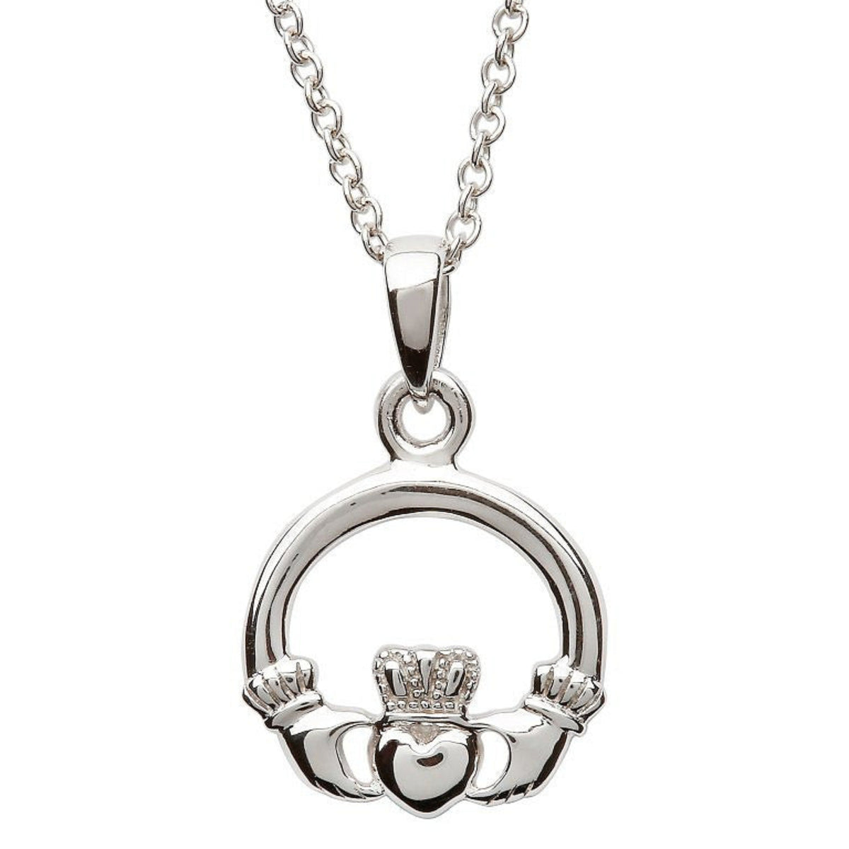 Silver Claddagh pendant on a chain against a white background