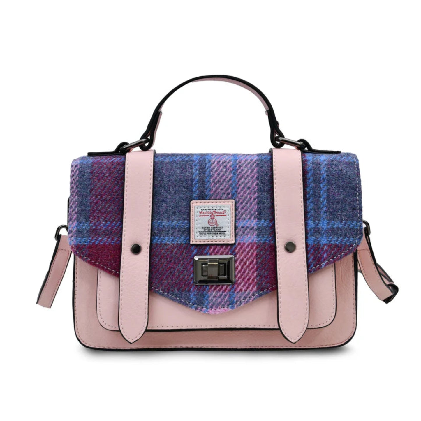 Handbag with plaid pattern and pink accents on a white background