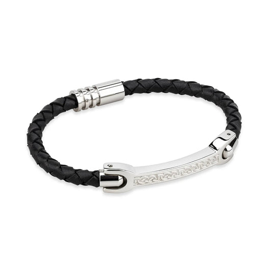 A black leather bracelet with a silver Celtic patterned plate and clasp.