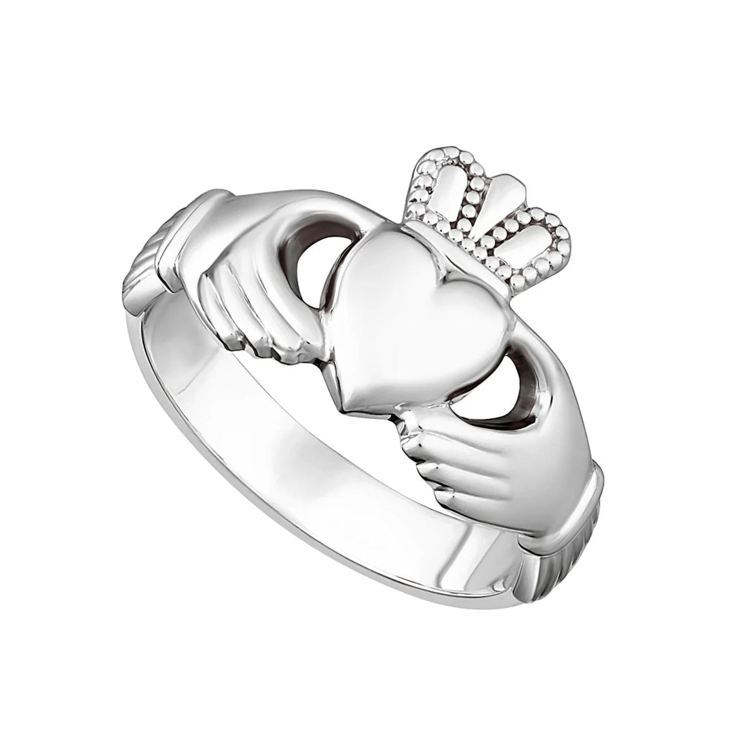 A thick-banded sterling silver Claddagh ring with hands, a heart, and a crown design.