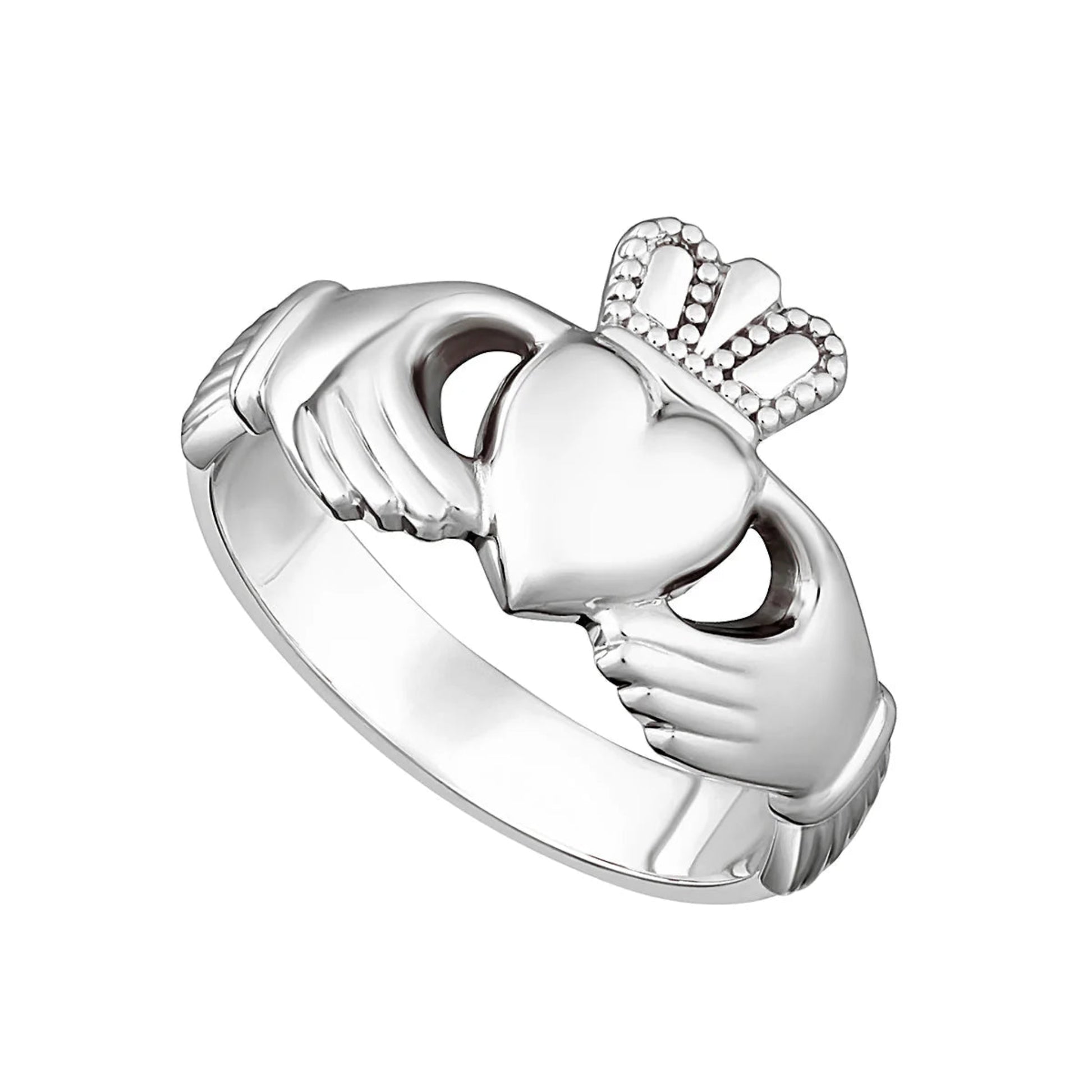 A thick-banded sterling silver Claddagh ring with hands, a heart, and a crown design.