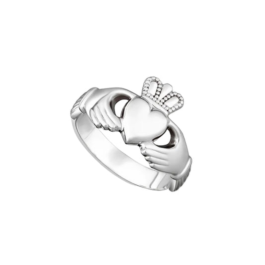 A thick-banded sterling silver Claddagh ring with hands, a heart, and a crown design.