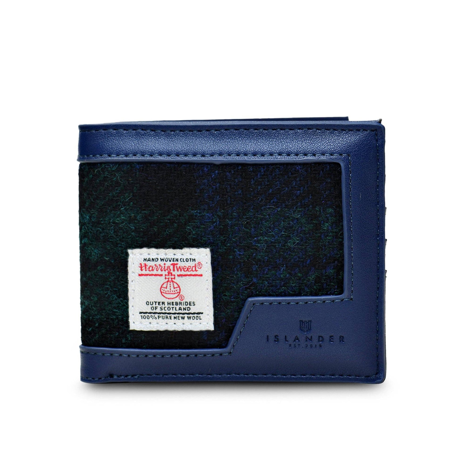 A men's wallet with a blue leather exterior and a Harris Tweed interior, featuring a label with 'Islander' written on it.