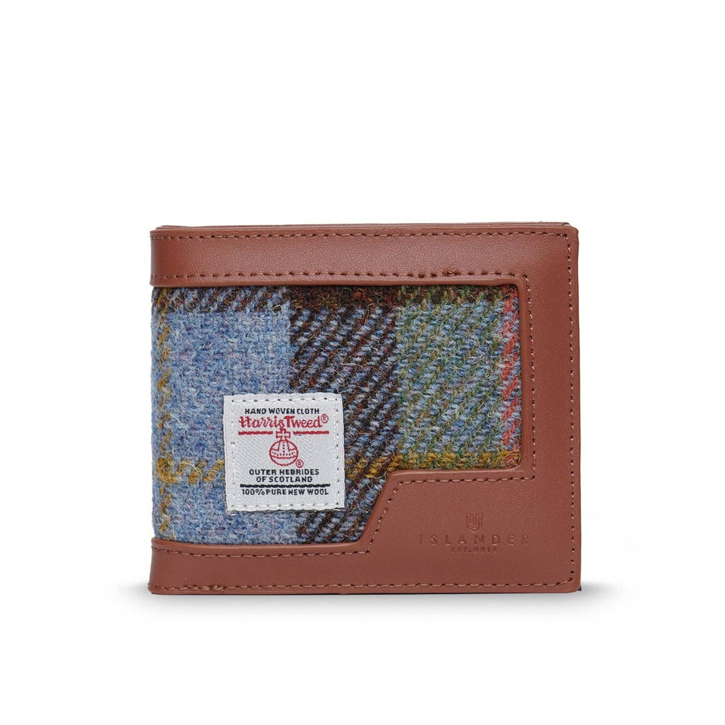 A men's wallet with a blue leather exterior and a Harris Tweed interior, featuring a label with 'Islander' written on it.